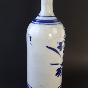 出石の三合徳利 ベロ藍 染付 牡丹 花柄 手描き 酒器 花瓶 飾り壺 古美術 JAPAN ②の画像4