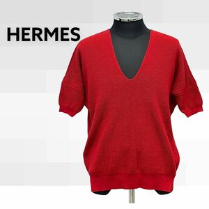 high class HERMES Hermes cotton silk .V neck short sleeves summer knitted sweater lady's 