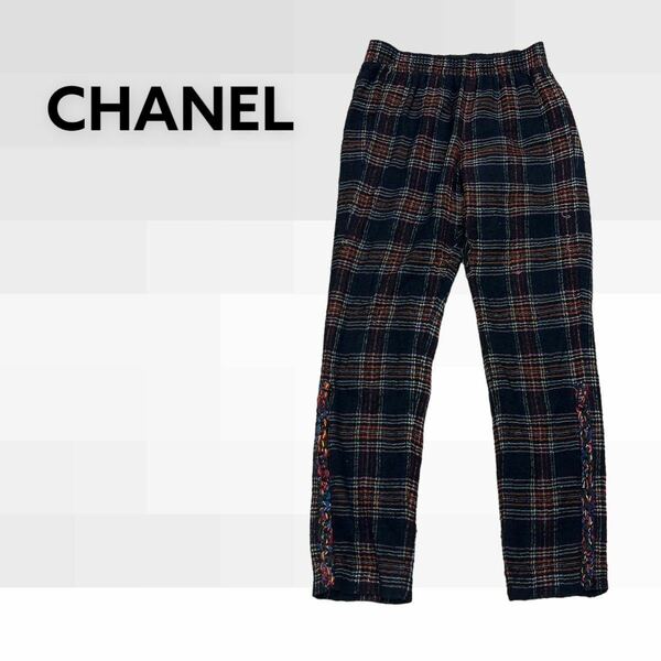 高級 CHANEL シャネル P46269V34323 COCO ココマーク装飾 ウール カシミヤ混 チェック柄 イージーパンツ レディース