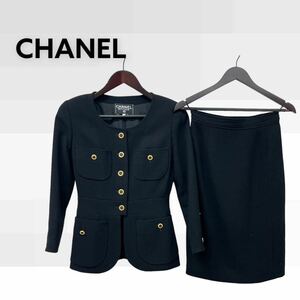  high class CHANEL Chanel Vintage handwriting . tag wool no color jacket & skirt setup suit 