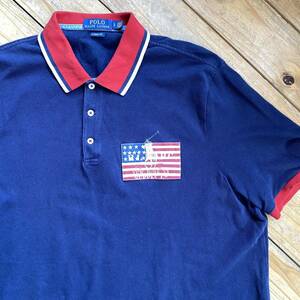 USA 古着 Polo Ralph Lauren ポロラルフローレン ポロシャツ 半袖 メンズ Lサイズ ネイビー 星条旗 アメリカ ポニー アメカジ T1901