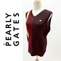 【美品】PEARLY GATES パーリーゲイツ ニットベスト Ｖネック ゴルフウェア ワンポイント ブラウン サイズ9 レディース_画像1