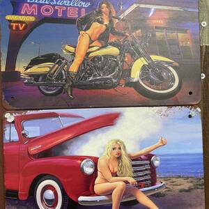 2枚 新品 壁掛けプレート バイク女子 ビキニ美女 セクシーガール 昭和レトロ アンティーク ビンテージ パネル壁飾り インテリア ブリキ看板