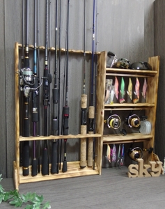  rod stand 8ps.@ reel stand small articles put .. processing hinoki made rod holder fishing rod storage 