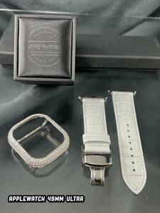 49mm Ultra 45mm 44mm 41mm 40mm Apple watch CZ diamond bezel cover case original leather white belt set APPLEWATCH animation 