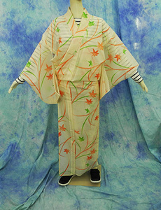 （70）絽　夏着物　washable 合成繊維　中古　紅葉柄　洗える着物 Japanese Kimono　159cm 62.5inch　synthetic fiber