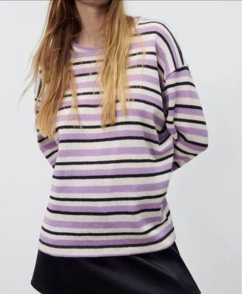 ZARAボーダーニットセーター パープル ラベンダー藤色 Sサイズ ストライプ