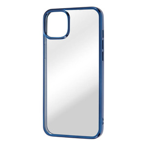iPhone 14Plus クリア スマホ ケース カバー メタリック フレーム ブルー 透明 耐衝撃 頑丈 丈夫 ストラップホール