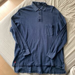 90s古着【Polo Ralph Lauren】ポロ ラルフローレン 長袖ポロシャツ ビックポロ 裾ポニー ネイビー HipHop B-boy Large Big Polo ナイガイ