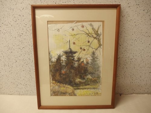 0430156k【サイズB】西の京 東塔 水彩画 作家物/額装品/表面ガラス/72×56cm程/中古品, 絵画, 水彩, 自然, 風景画