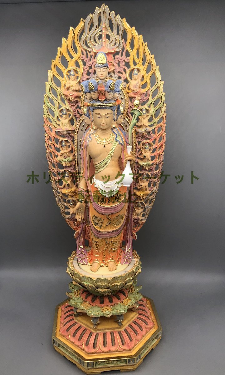 総檜材 木彫仏像 仏教美術 精密細工 金箔 切金 彩色十一面観音菩薩立像
