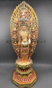 超人気☆新品 総檜材 木彫仏像 仏教美術 精密細工 金箔 切金 彩色十一面観音菩薩立像 高さ38cm B90