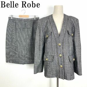 ベルローブ スカートスーツセット ウール 大きいサイズ 黒 Belle Robe 千鳥柄 ブラック ノーカラー ラメ糸 金 ゴールド 13 B115