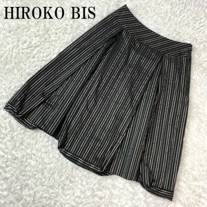 ヒロコビス ストライプカジュアルボリュームスカート ブラック系 HIROKO BIS 裏地付き サイドファスナー プリーツ加工有 ９ B527