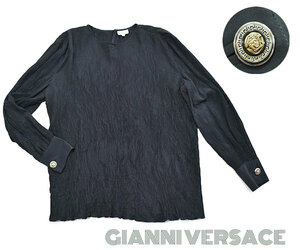 GIANNI VERSACE■メデューサ ボタン　プリーツ加工シャツ ブラウス 　46　メンズ　ユニセックス　ブラック　ジャンニ ヴェルサーチ