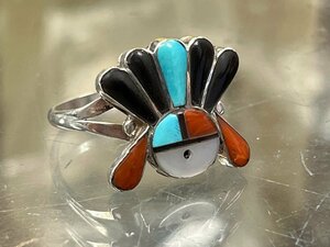 Art hand Auction ¡Nuevo totalmente hecho a mano! Joyería india Zuni Sun Face Kachina Inlay Ring Nativo Americano Country Western, anillo, plata, No. 17 ~