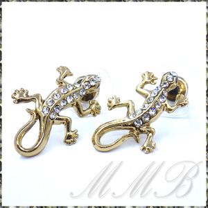 [EARRING] 18K Gold Plated Gecko Lizard クリスタルCZ ヤモリ トカゲ デザイン ゴールド スタッドピアス 【送料無料】