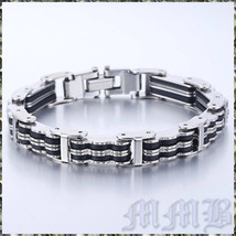 [BRACELET] Silver & Black バイカー リンクチェーン 2 ブラック ライン ステンレス & ラバー ブレスレット 9.7x210mm (36g) 【送料無料】_画像1