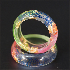 [RING] Resin Gold Leaf Vein カラフル 葉っぱ 葉脈 金箔 ゴールド 入り ハンドメイド 7mm 甲丸 透明 クリスタル レジン リング 19号