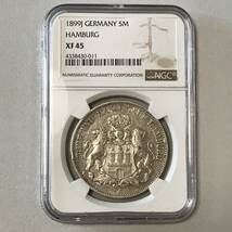 ★1899 ドイツ ハンブルク 5マルク銀貨 都市紋章 NGC XF 45_画像2