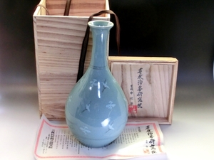 花瓶■芸林陶芸研究院 申根珠 花器 青磁 鶴紋 鶴首 作家物 桐共箱 高麗青磁 古美術 時代物 骨董品■