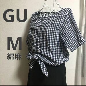 GU 綿麻　ギンガムチェックブラウスM