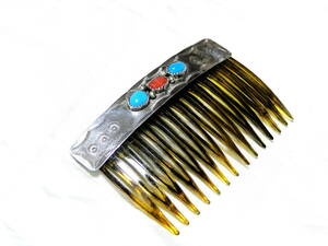 90's Navajo group pretty ornamental hairpin comb comb turquoise, shell & silver Vintage including carriage 