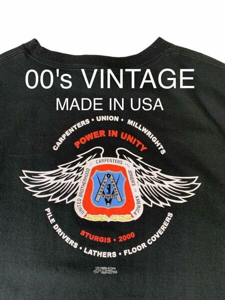 良柄 00's VINTAGE USA製 Tシャツ union line carpenters union Lサイズ 輸入 古着 ビンテージ 半袖 Y2K ブラック 黒T カーペンター 協会