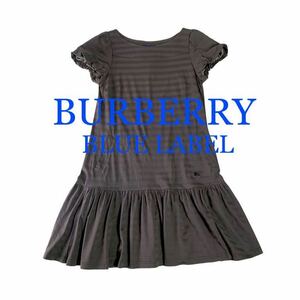 美品 BURBERRY BLUELABEL ボーダー柄 半袖 ワンピース 三陽商会 正規品 パフスリーブ 日本製 M バーバリー ブルーレーベル プリーツ