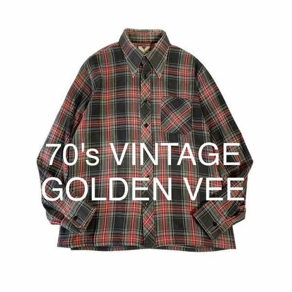 70's VINTAGE GOLDEN VEE 70年代 黒ベース 長袖シャツ チェックシャツ ビンテージ ゴールデンビー 輸入 古着 アメリカ購入品