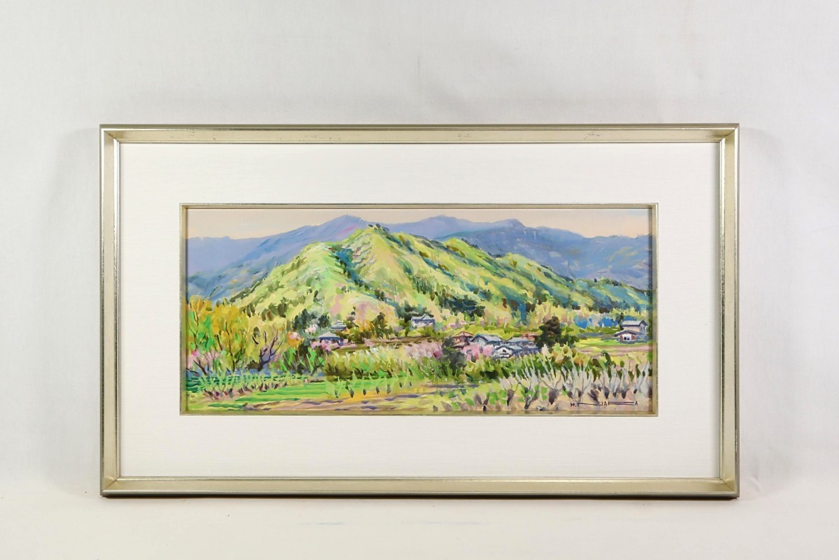 Genuine work by Haruo Nara, watercolor Spring at Kurumayama Size: 56cm x 25cm Born in Saitama Prefecture Member of the Japan Watercolor Society Nagano Prefecture, The highest peak of Kirigamine. A magnificent sight and the countryside scenery at the base. 7332, Painting, watercolor, Nature, Landscape painting