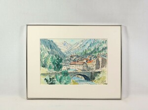 真作 土屋茂 水彩「アオスタの谷 イタリア北部」画寸 38.5×27cm 愛知県出身 應美会会員 アルプスの山々と麓を流れるドラ・バルテア川 7310