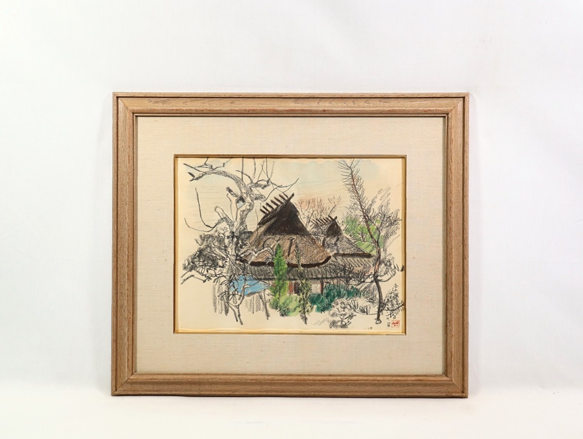 Genuine work by Masuki Komatsu, 1975, watercolor + pastel, Landscape of Kamiyacho, Kita-ku, Kobe City, size 6. Born in Kochi Prefecture, a painter of foreign-style houses, a landscape with thatched roof houses with magnificent brushwork, 7362, Painting, watercolor, Nature, Landscape painting