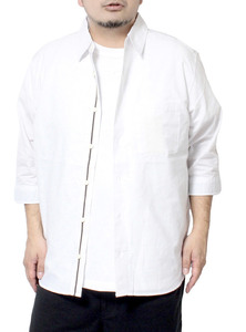 【新品】 2L ホワイト 7分袖シャツ メンズ 大きいサイズ ハケメ 袖裏 ロールアップ シャンブレー テープ付き カジュアルシャツ