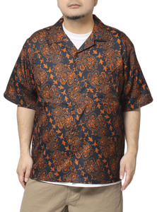 【新品】 2L オレンジ 半袖シャツ メンズ 大きいサイズ 総柄 ジオメトリック 幾何学柄 プリント サテン 開襟 オープンカラーシャツ