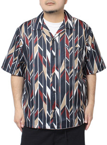 【新品】 3L ネイビー 半袖シャツ メンズ 大きいサイズ 総柄 ジオメトリック 幾何学柄 プリント サテン 開襟 オープンカラーシャツ