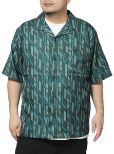 【新品】 3L グリーン 半袖シャツ メンズ 大きいサイズ 総柄 ジオメトリック 幾何学柄 プリント サテン 開襟 オープンカラーシャツ
