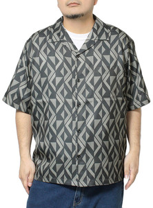 【新品】 5L ブラック 半袖シャツ メンズ 大きいサイズ 総柄 ジオメトリック 幾何学柄 プリント サテン 開襟 オープンカラーシャツ