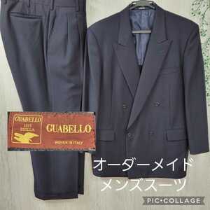 オーダーメイド品 イタリア製生地 高級紳士服 グアベロ GUABELLO メンズスーツ 背広 ダブルボタン 濃紺 ビジネス W90cm 大きいサイズ