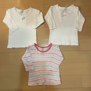 送料込み　女の子長袖肌着3枚セット　長袖アンダーシャツ 綿100% 白とボーダー　80cm 送料無料