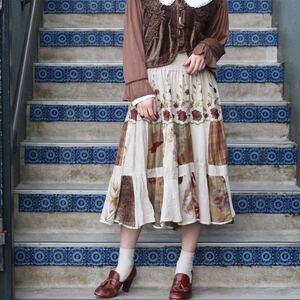 EU VINTAGE Bon Bon CRAZY PATTERND LINEN DESIGN SKIRT MADE IN ITALY/ヨーロッパ古着クレイジーパターンリネンデザインスカート