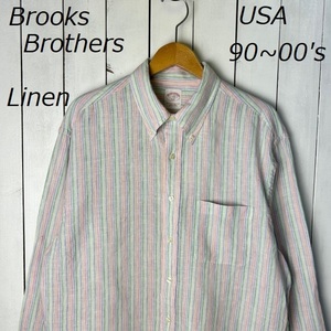 sh●480 USA古着 90s～00s Brooks Brothers リネン マルチストライプBDシャツ L～XL オールド ブルックスブラザーズ アメリカ古着 麻