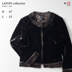 LANVIN ベロア ノーカラー ジャケット ブラウン 茶色 パーティー 春 秋 冬 フォーマル ショート丈 丸首 パイピング 総裏地 ランバン 40 9号