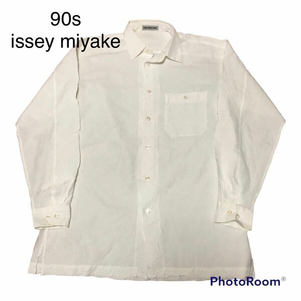 良品 90s issey miyake MEN シワ加工 シャツ Ｌ 白