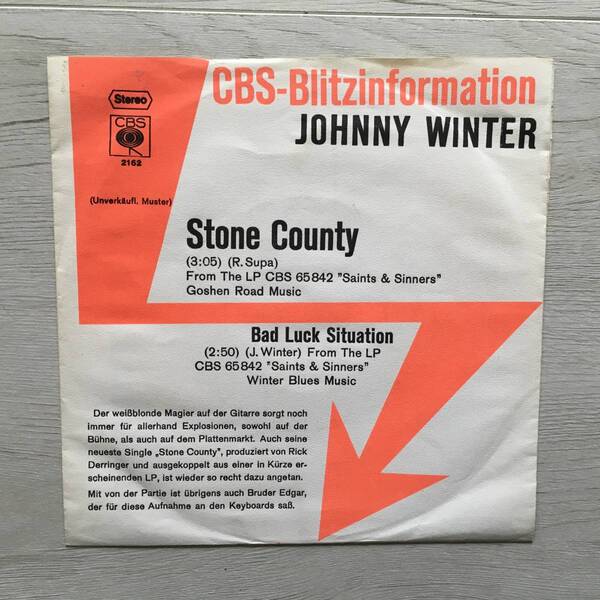 JOHNNY WINTER STONE COUNTY PROMO ドイツ盤