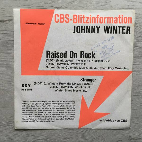 JOHNNY WINTER RAISED ON ROCK PROMO ドイツ盤