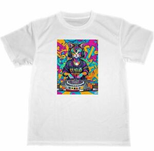 Art hand Auction Camiseta Cat Dry DJ Club Ilustración Arte Pintura, Talla grande, Cuello redondo, Una ilustración, personaje