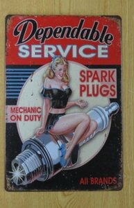 送料無料 スパークプラグ ディペンダブルサービス 金属製 メタルサインプレート SPARK PLUG 看板 ブリキ アンティーク ガレージ