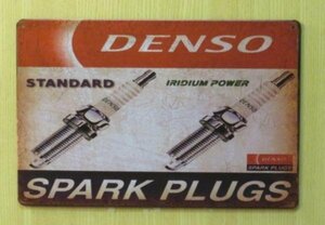 送料無料 DENSO スパークプラグ 金属製 メタルサインプレート デンソー SPARK PLUG　看板 ブリキ アンティーク ガレージ