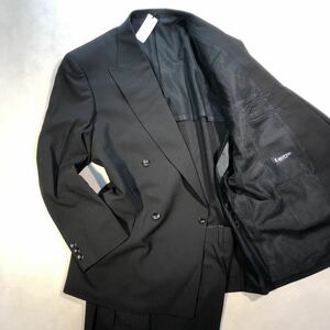 新品 定価3.4万円【サイズAB4 M★ダブル礼服】4Bダブルスーツ 黒フォーマル 背抜き ノーベンツ 2タック ウール 超軽量ソフトスーツ